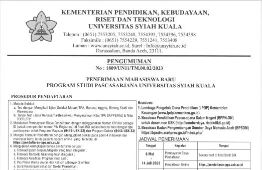 Penerimaan Mahasiswa Baru Program Studi Pascasarjana Universitas Syiah Kuala Periode 2023/2024